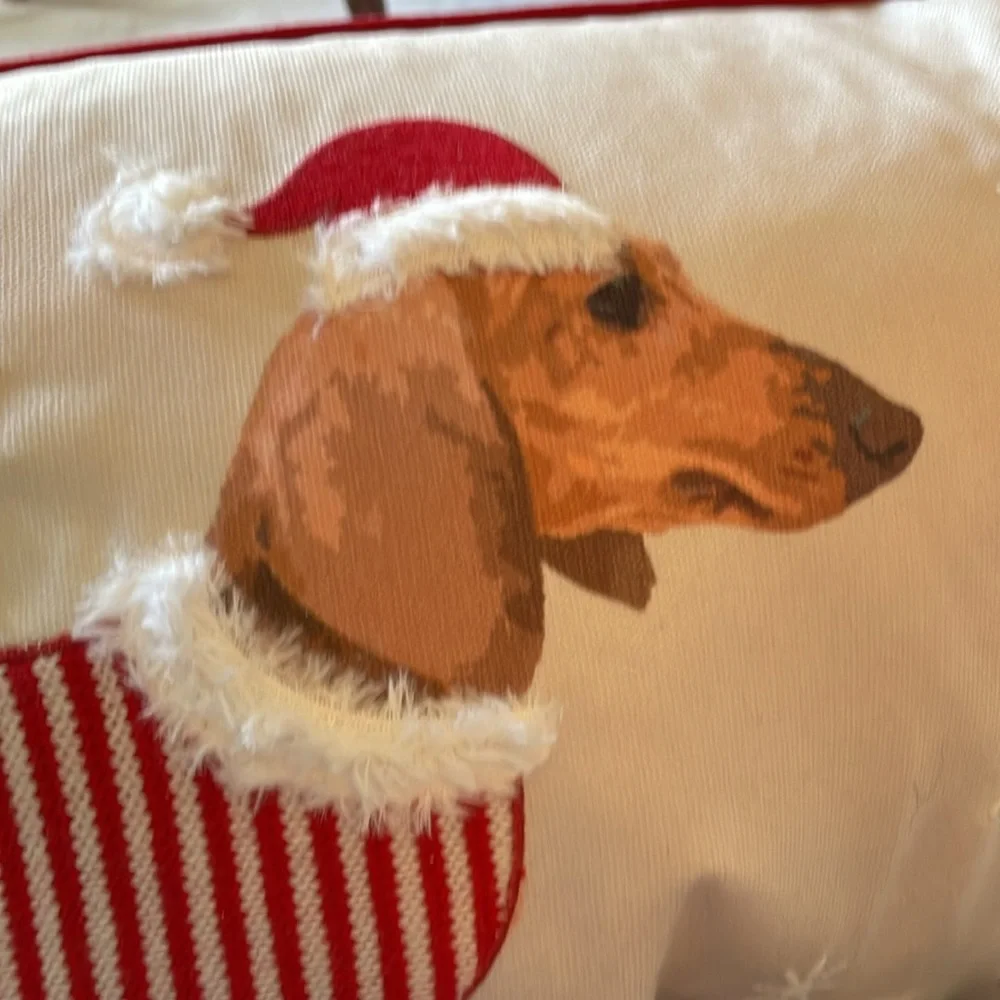 Long feather dachshund holiday themed pillow with handcrafted details.